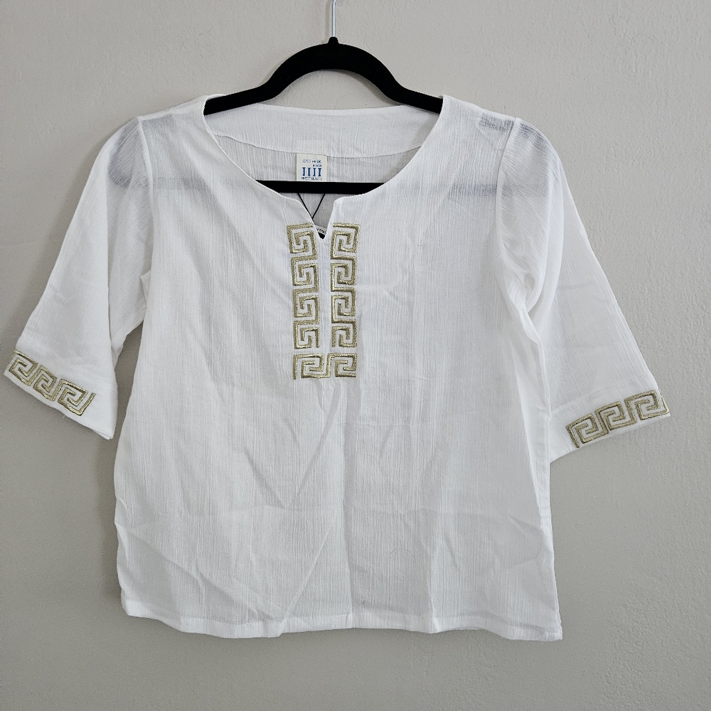 NWT ESTHHR Greece By De Sigura Gold Embellished 3/4 Sleeve White Blouse Size 5